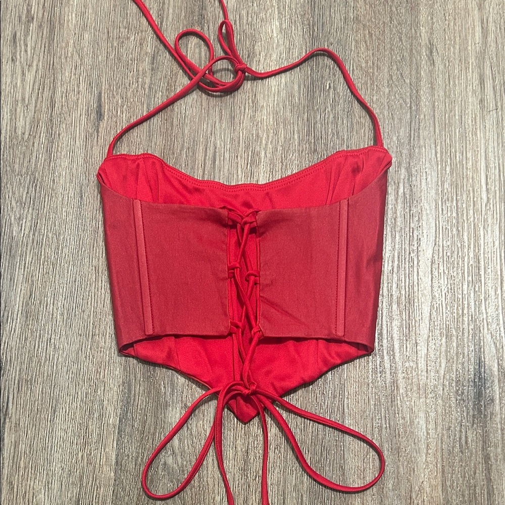 Red Halter Corset Crop Top with Tie Straps - Picture 2 of 4